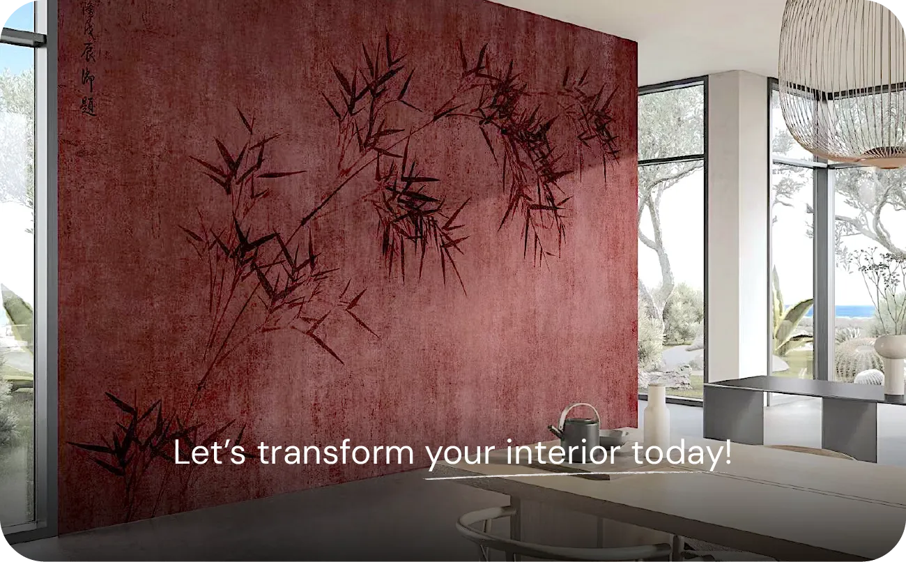 Burgundy Cork Wallpaper with Bamboo Illustration